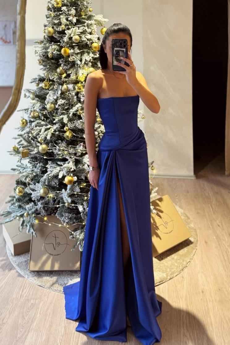 Strapless Sleeveless High Split Long Prom Dress With Pleated