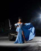 The Sky Diamond - 2026 Off-Shoulder Beaded Mermaid Gown: White Floral Appliqués with Crystal Fringe & Blue Satin Sleeves