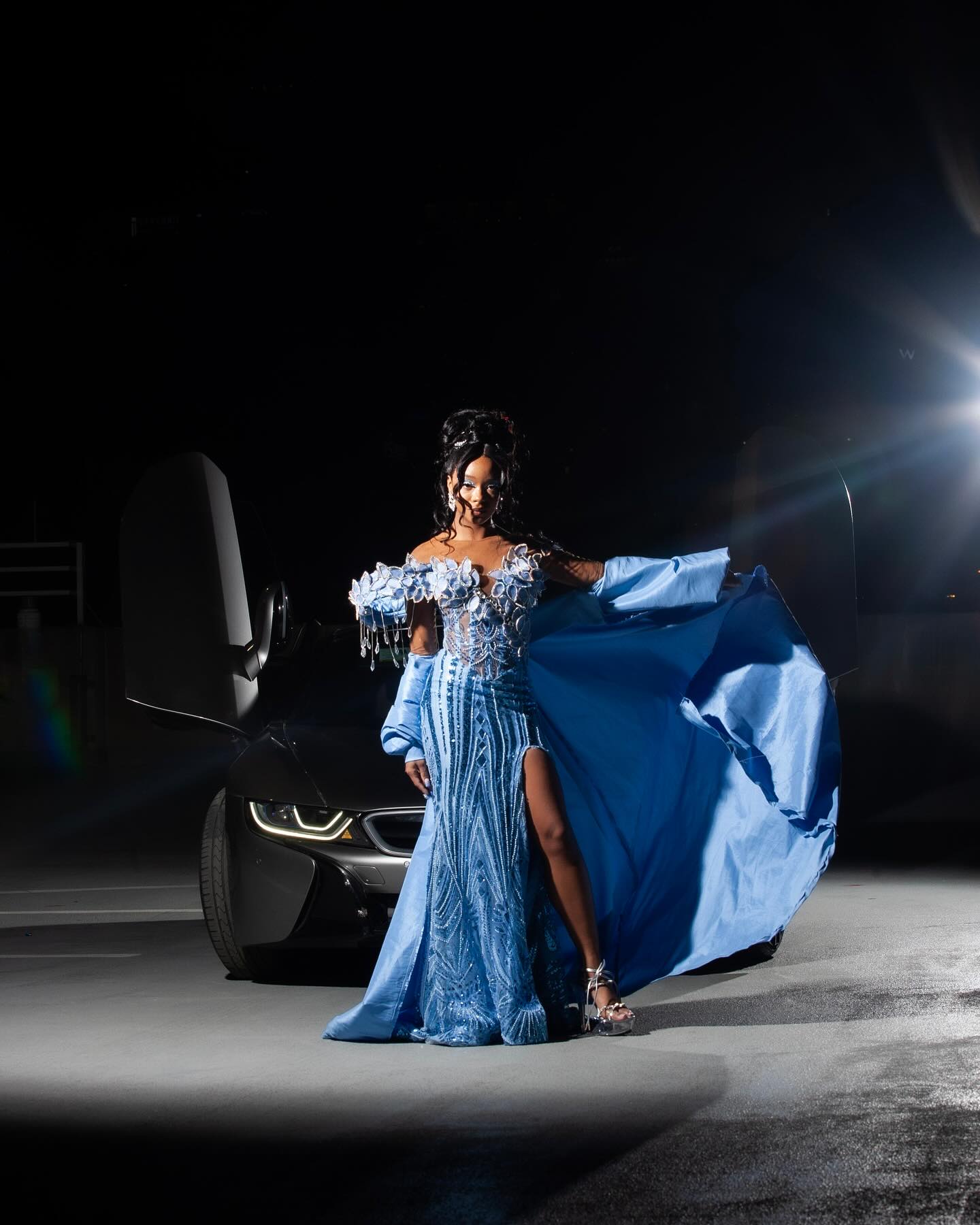 The Sky Diamond - 2026 Off-Shoulder Beaded Mermaid Gown: White Floral Appliqués with Crystal Fringe & Blue Satin Sleeves