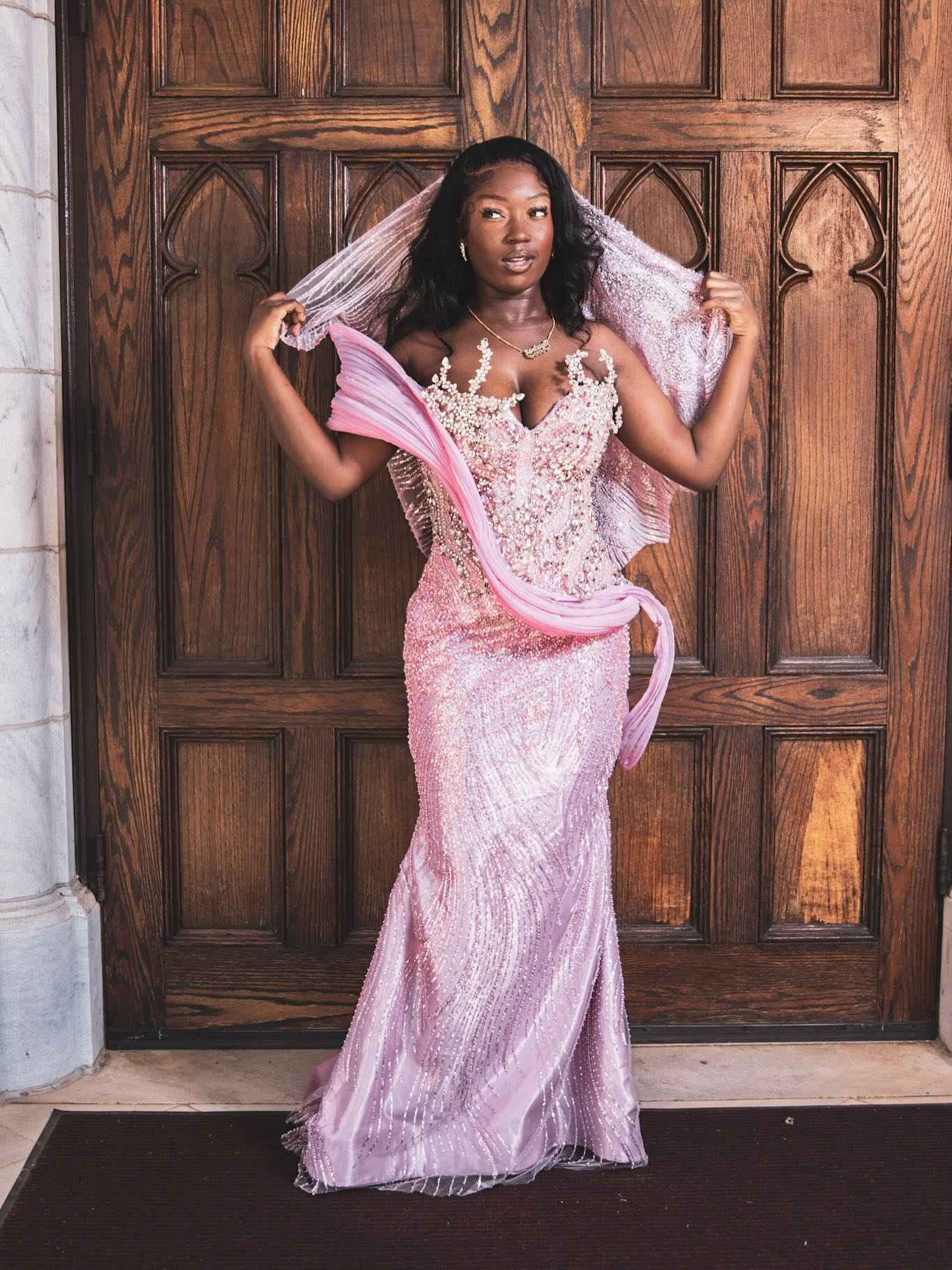 Pink Glow - Sequin Beaded Mermaid Prom Dress with Draped Chiffon Wrap