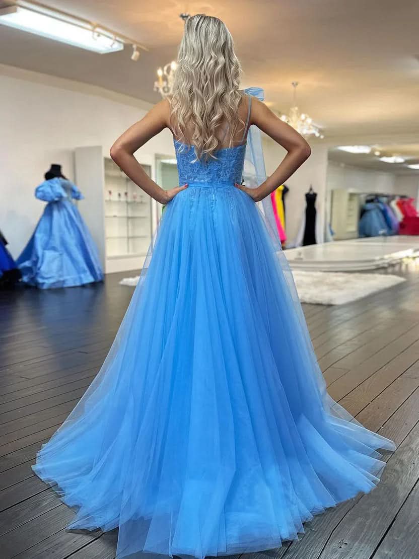 Cute A Line One Shoulder Blue Tulle Prom Dress with Appliques BM bride