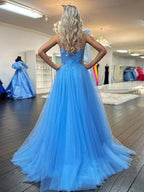 Cute A Line One Shoulder Blue Tulle Prom Dress with Appliques BM bride