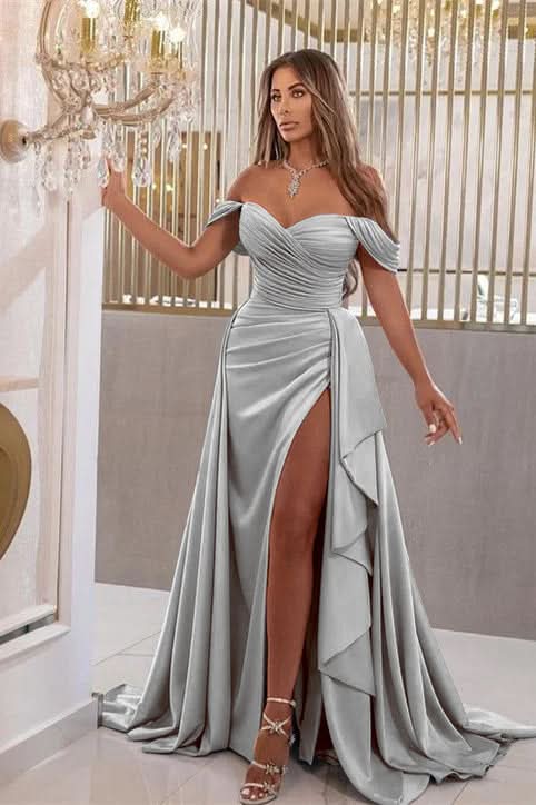 Elegant Sky Blue Off-The-Shoulder Sweetheart Prom Dress with Split Mermaid BM bride