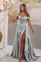 Elegant Sky Blue Off-The-Shoulder Sweetheart Prom Dress with Split Mermaid BM bride