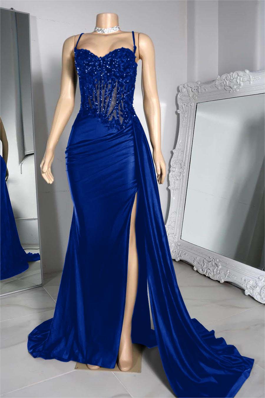 Exquisite Black Spaghetti Strap Sleeveless Pleated Long Split Prom Dress With Beading BMBRIDE