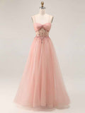 Light Pink Glitter Beaded Tulle Corset Long Porm Dress