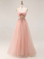Light Pink Glitter Beaded Tulle Corset Long Porm Dress