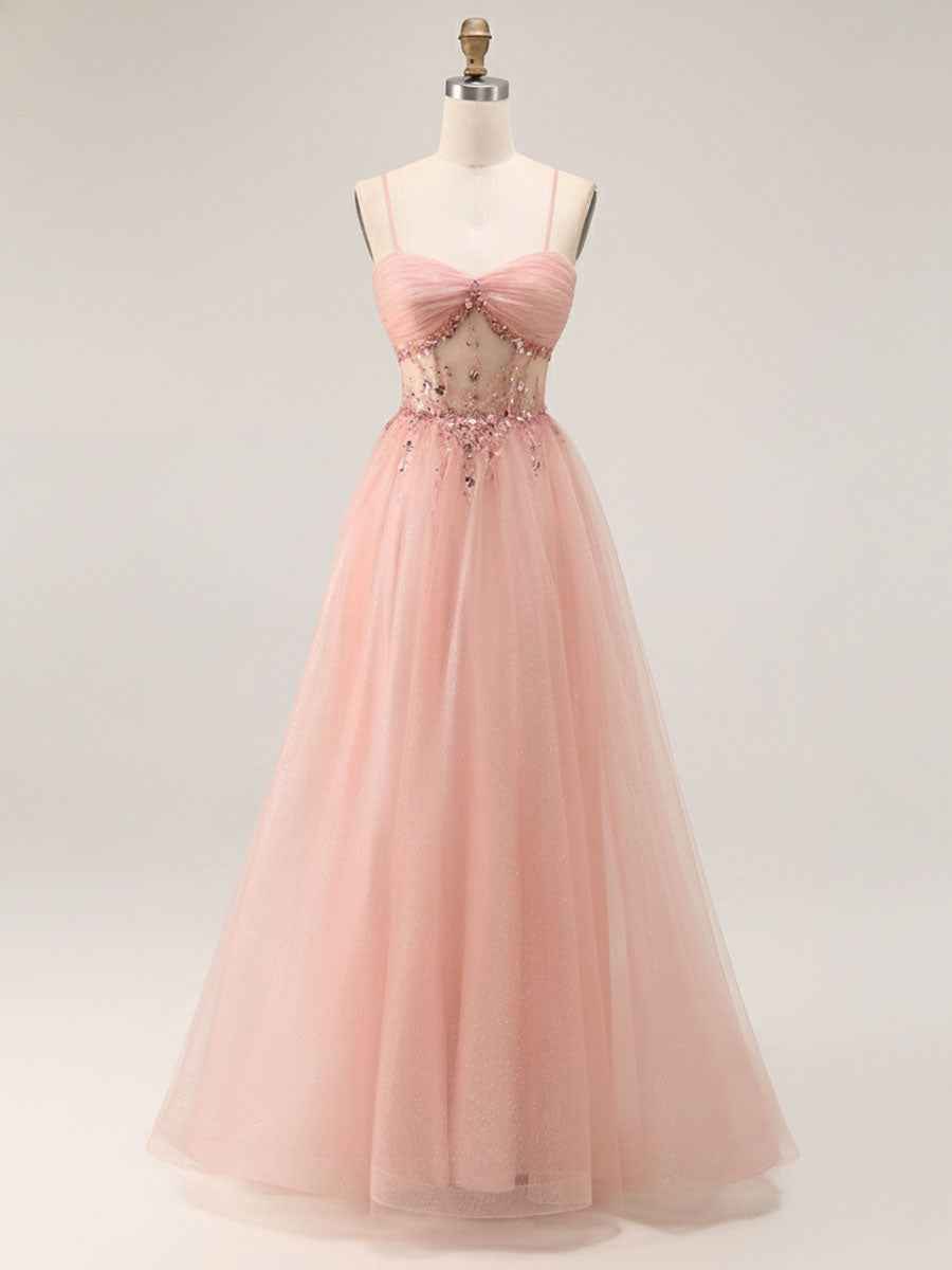Light Pink Glitter Beaded Tulle Corset Long Porm Dress