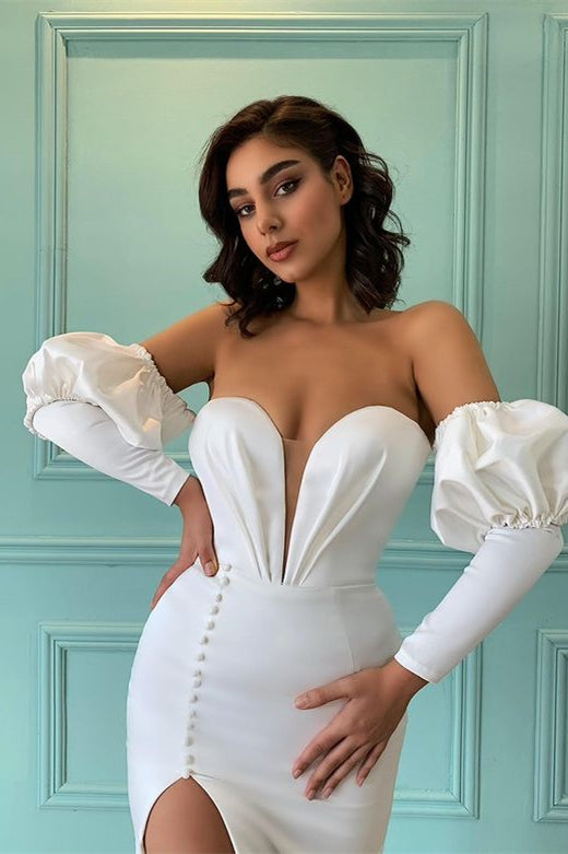 Ivory Sweetheart Bubble Sleeves Mermaid Prom Dress with Split BM bride