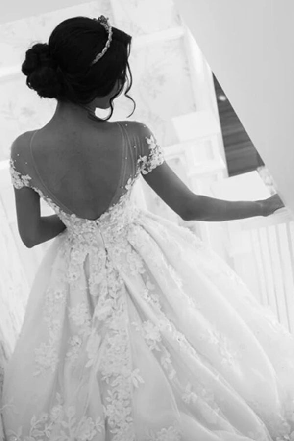 Gorgeous Jewel Neck Beaded Wedding Dress with Tulle and Lace Appliques BM bride