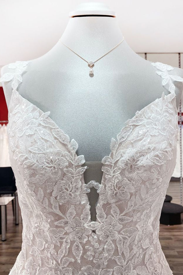 V-Neck Long A-Line Wedding Dress with Ruffles, Open Back, and Tulle Lace BM bride