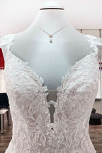 V-Neck Long A-Line Wedding Dress with Ruffles, Open Back, and Tulle Lace BM bride