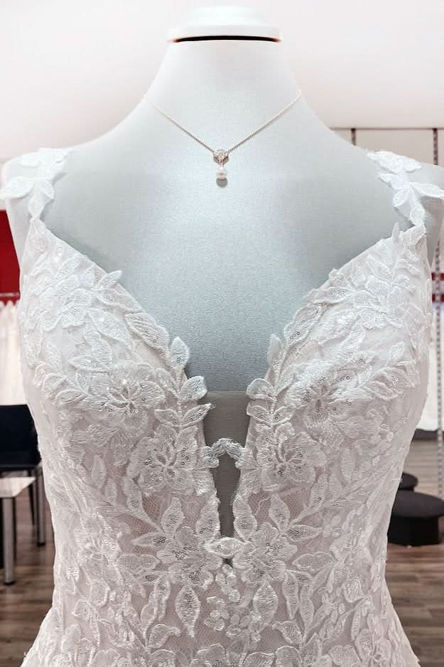 V-Neck Long A-Line Wedding Dress with Ruffles, Open Back, and Tulle Lace BM bride