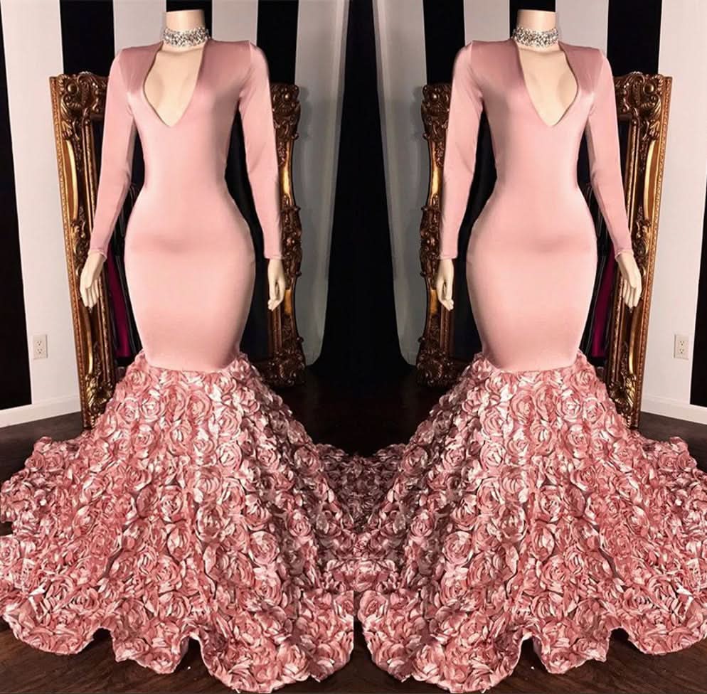 Pink Long Sleeve V-Neck Mermaid Prom Dress with Floral Bottom BM bride