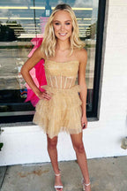 Sparkly Black Corset Tiered A-Line Tulle Short Homecoming Dress Bmbride