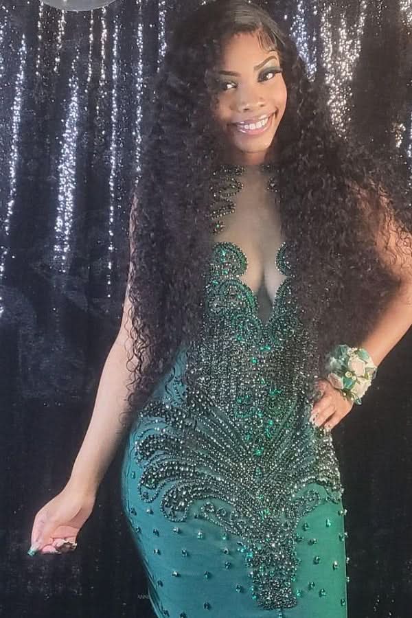 Emerald Green Mermaid Evening Dress with Appliques and Rhinestone BM bride