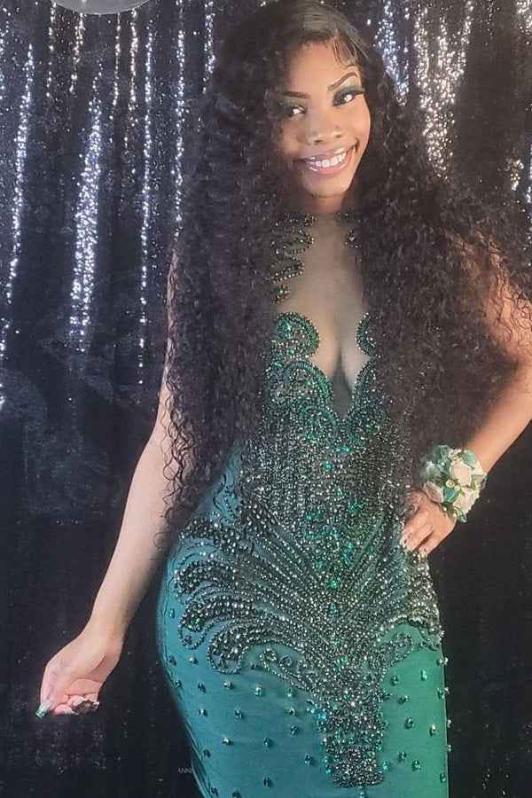 Stunning Dark Green Strapless Sleeveless Mermaid Beaded Prom Dress with Appliques