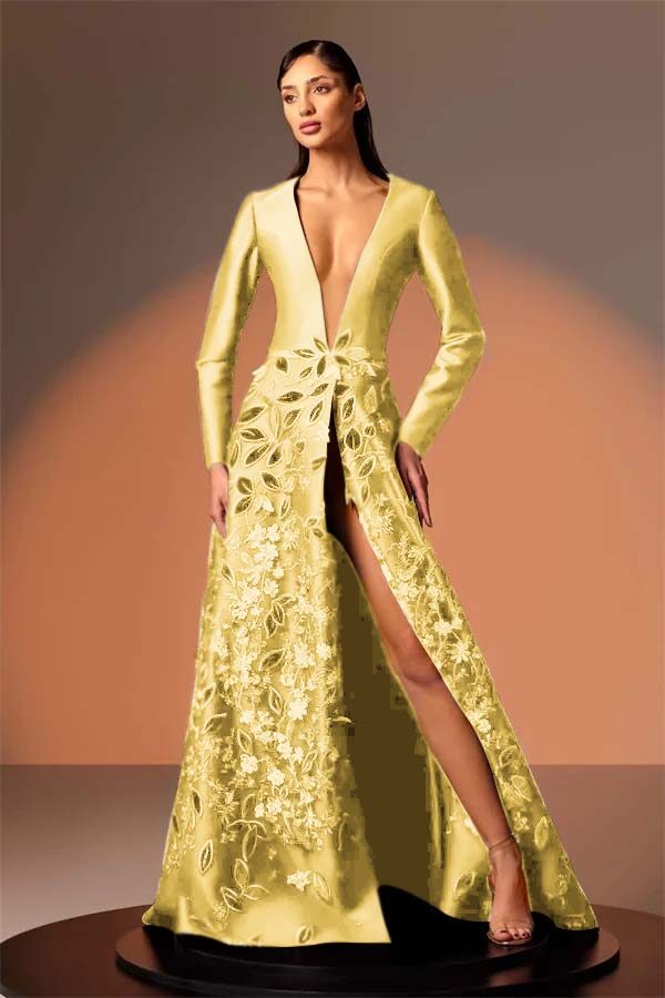 Long Sleeves Deep V Neck High Split Long Prom Dress With Appliques BMBRIDE