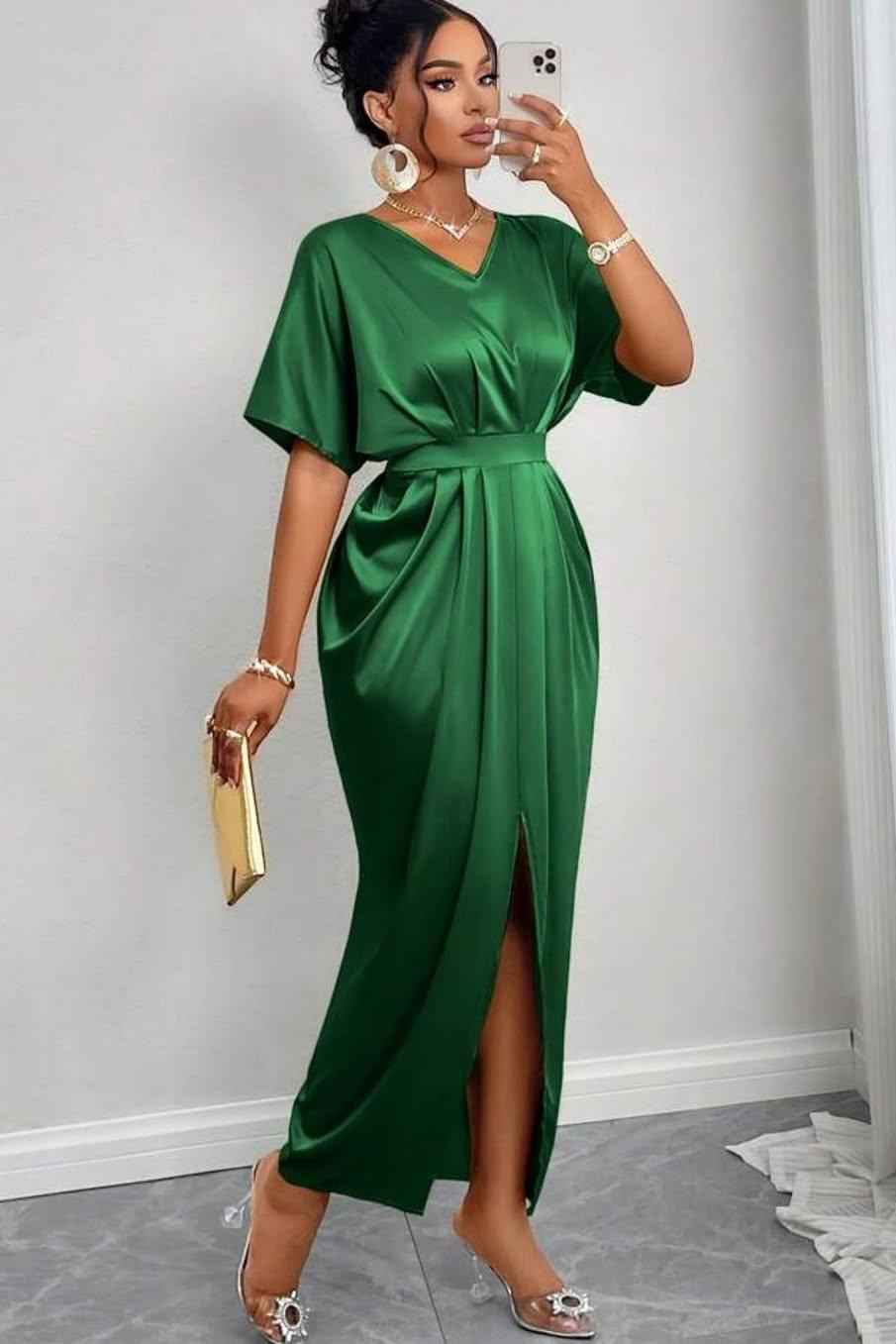 V Neck Short Sleeves Long Front Split Prom Dress With Pleated