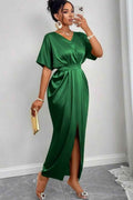 V Neck Short Sleeves Long Front Split Prom Dress With Pleated