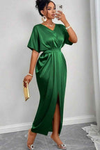 V Neck Short Sleeves Long Front Split Prom Dress With Pleated