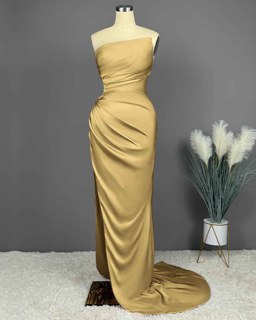 Simple Blue Sleeveless Charmeuse Prom Dress with High Slit and Pleats BM bride