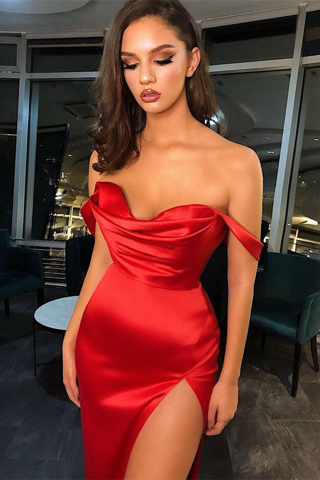 Elegant Red Off-the-Shoulder Strapless Evening Dress with Pleated Slit BM bride