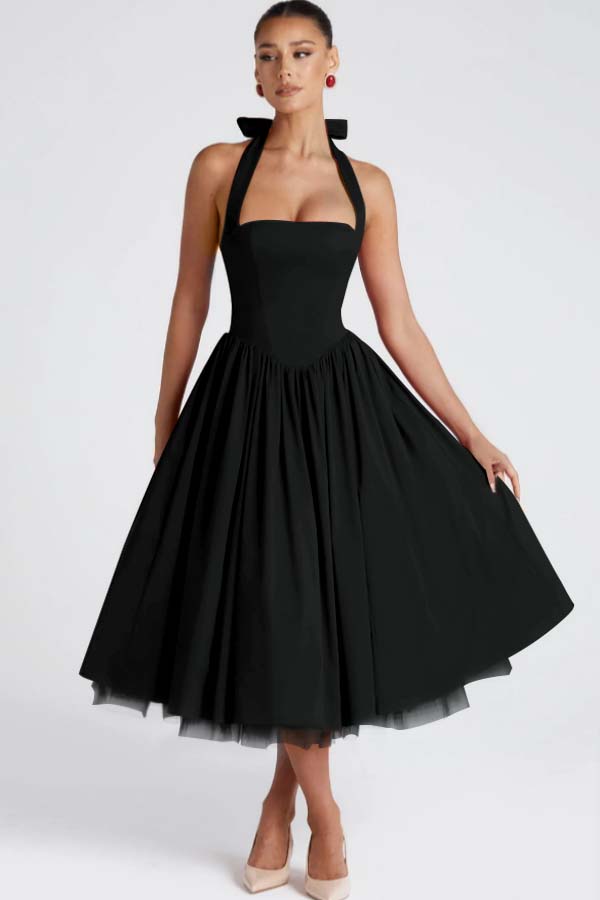 Halter Sleeveless Long A Line Prom Dress With Pleated Tulle BMBRIDE