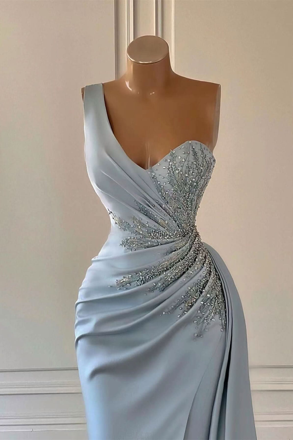 Sky Blue One-Shoulder Luxury Prom Dress Mermaid Split with Ruffles BM bride