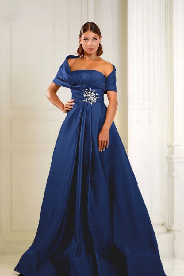 Off the Shoulder Sleeveless Long Prom Dress With Pleated Beading BMBRIDE
