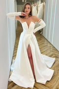 White Long Sleeve V-Neck A-Line Prom Dress with Split BM bride