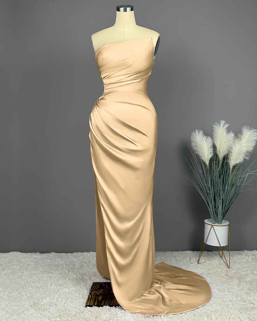 Simple Blue Sleeveless Charmeuse Prom Dress with High Slit and Pleats BM bride