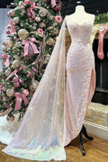Vibrant Pink Sequin Lace Sweetheart High-Low Prom Dress with Attached Train BM bride