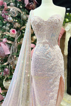 Vibrant Pink Sequin Lace Sweetheart High-Low Prom Dress with Attached Train BM bride