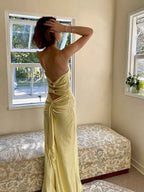 Yellow Sheath Spaghetti Straps Long Prom Party Dress with Keyhole Back