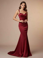 Red Mermaid Sweetheart Floor-Length Satin Prom Dress with Pleated