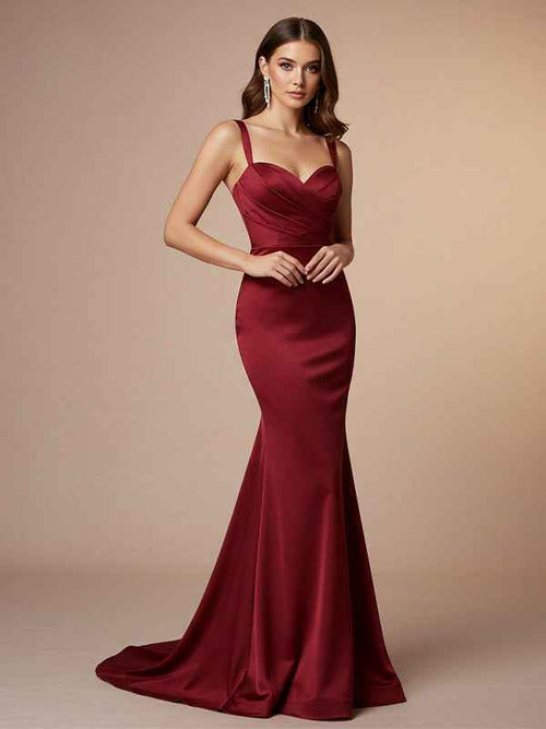 Red Mermaid Sweetheart Floor-Length Satin Prom Dress with Pleated BMBRIDE