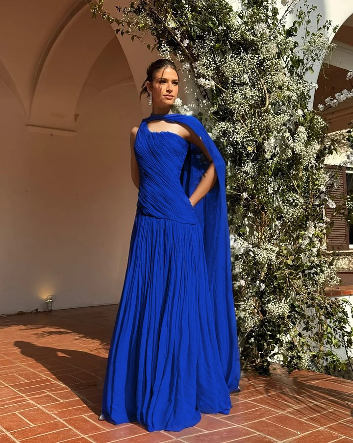Chic One Shoulder Sleeveless Long Prom Dress With Pleated Shawl