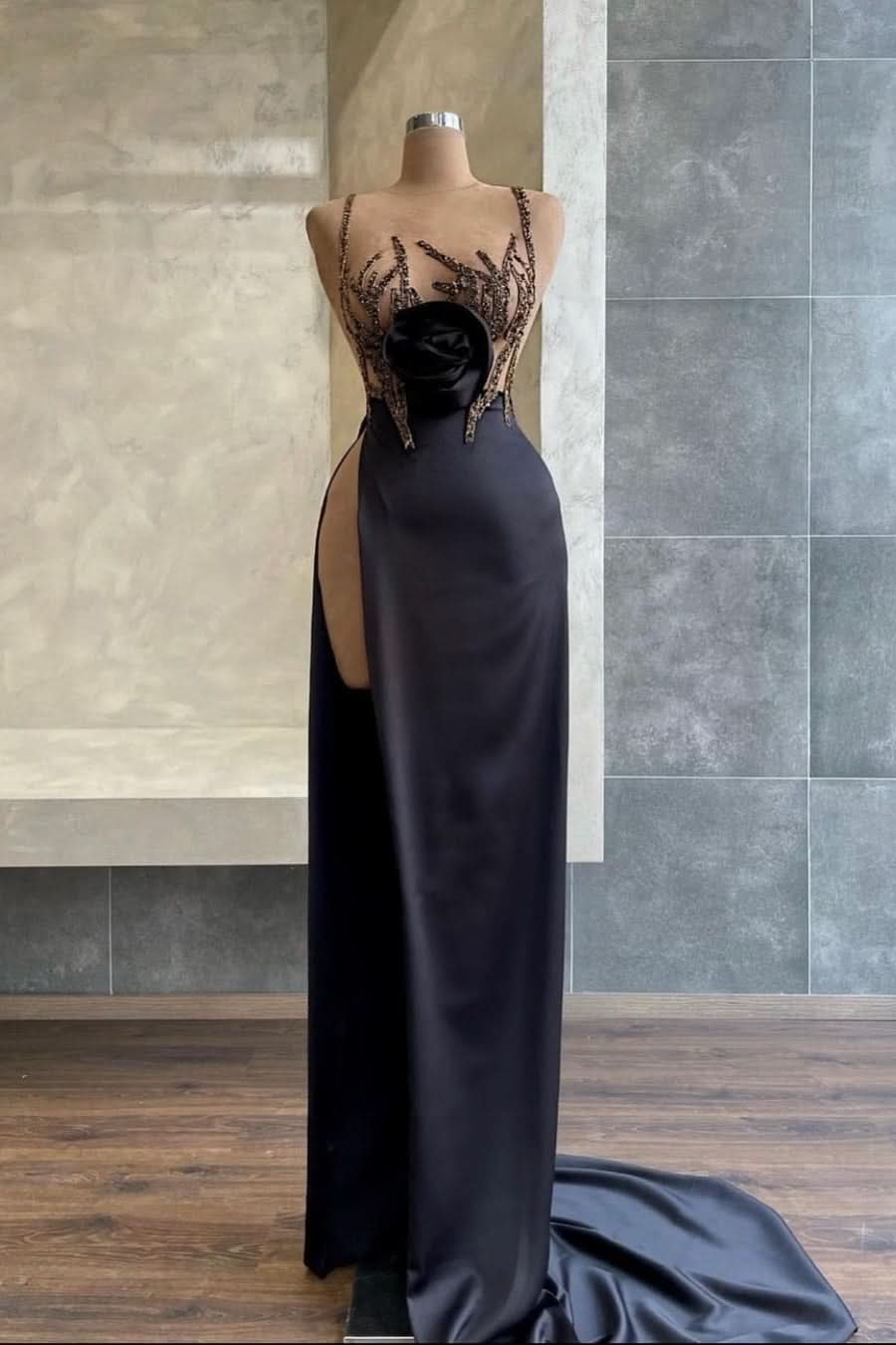 Black Spaghetti-Strap Mermaid Evening Dress with Beadings Sequins and Slit BM bride