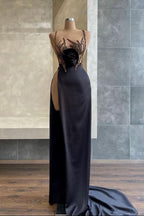 Black Spaghetti-Strap Mermaid Evening Dress with Beadings Sequins and Slit BM bride