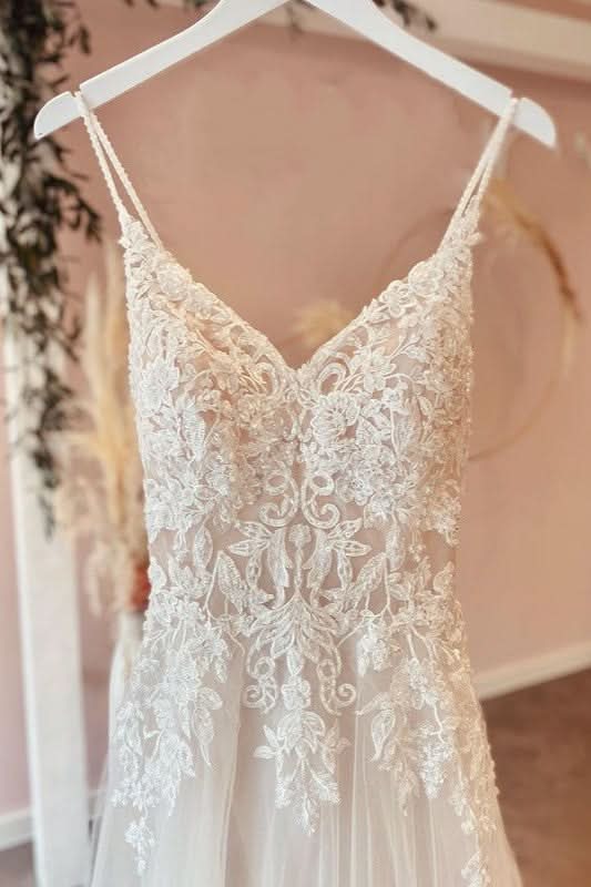 A-Line Sweetheart Spaghetti-Straps Tulle Wedding Dress With Lace Appliques BM bride