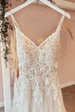 A-Line Sweetheart Spaghetti-Straps Tulle Wedding Dress With Lace Appliques BM bride