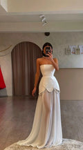 White Strapless Sleeveless Long Prom Dress With Pleated Beading BMBRIDE