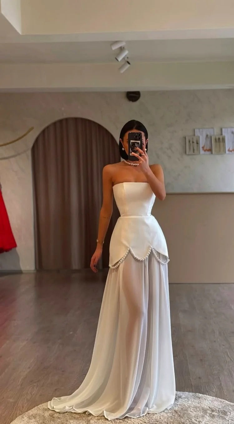 White Strapless Sleeveless Long Prom Dress With Pleated Beading BMBRIDE