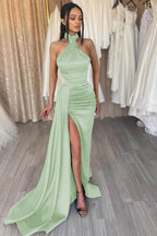 Dark Green High Neck Mermaid Evening Dress with Split Beadings and Ruffles BM bride