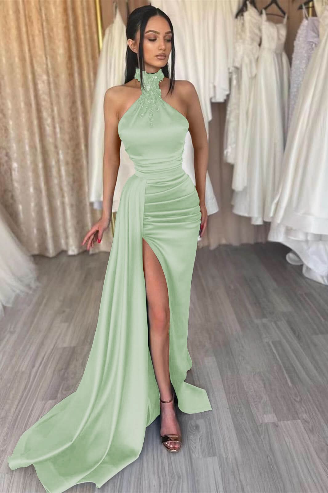 Dark Green High Neck Mermaid Evening Dress with Split Beadings and Ruffles BM bride