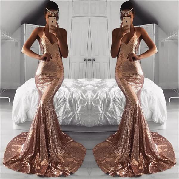 V-Neck Sleeveless Sequins Mermaid Evening Dress BM bride