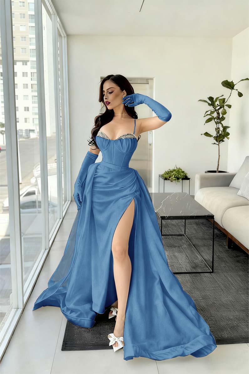 Spaghetti Strap Sleeveless Long Mermaid Prom Dress With Split Gloves BMBRIDE