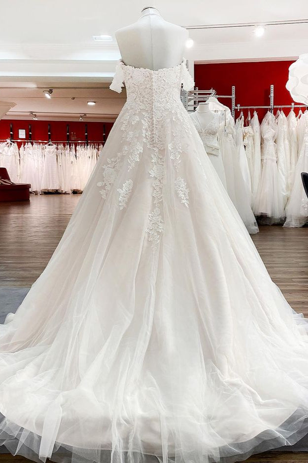 Modest Off-the-Shoulder Princess Wedding Dress with Tulle Lace Ruffles BM bride
