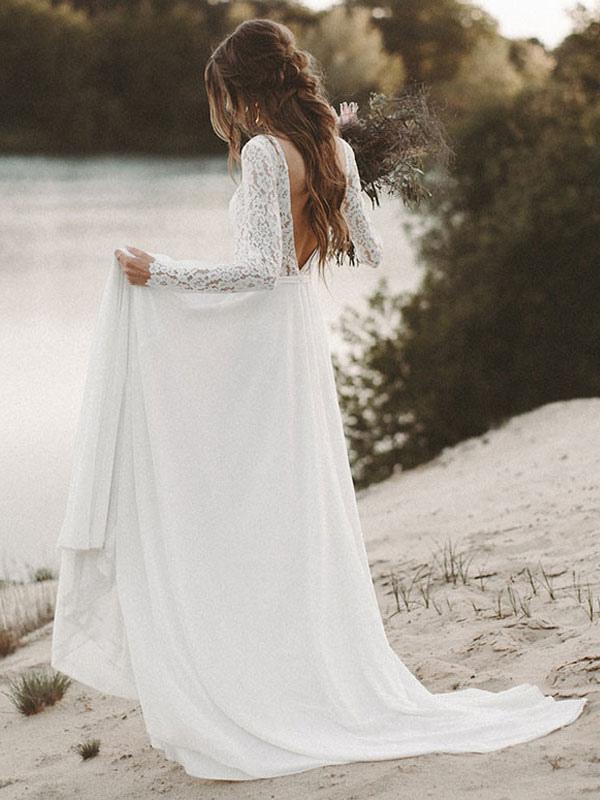 Long Sleeve Boho Lace Wedding Dress BM bride